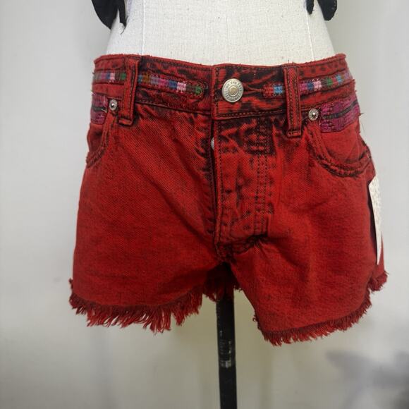 FREE PEOPLE Gypsy Red Distressed Ethnic Button Up Cutoff Shorts Boho Festival 25 - Picture 3 of 12